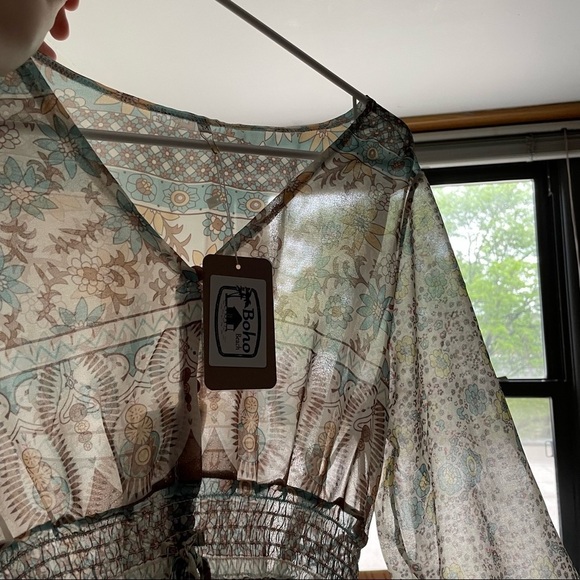 M- NWT Boho Beach Maxi Dress Semi Sheer Colorful Design Coverup Dress V-Neck - Picture 5 of 6